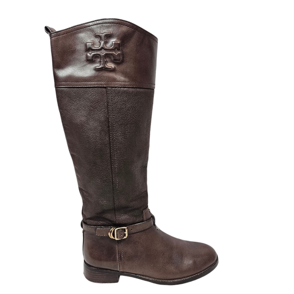 Tory Burch Simone Brown Leather Stitched Logo Tall Riding Boots Size 7.5 Women's - Picture 16 of 16